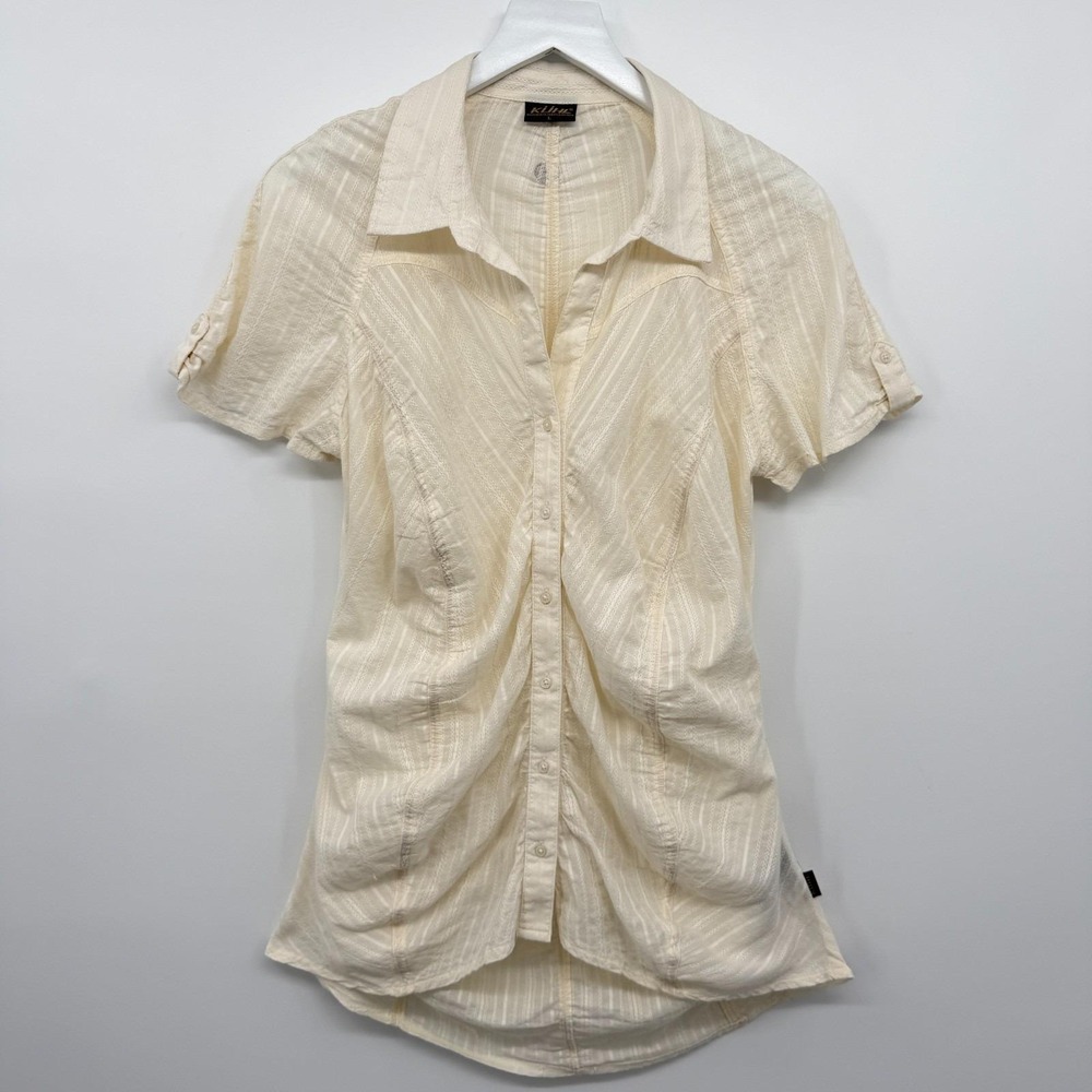 Vintage Kuhl Top Shirt Blouse Size Large Ruched Button Up Quiet Luxury Neutral - Picture 14 of 14